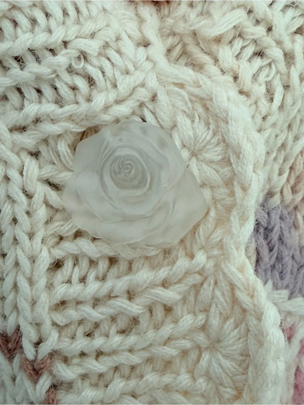 Vintage Hand Knit Floral Cottagecore Cardigan Cream Embroidered Sweater